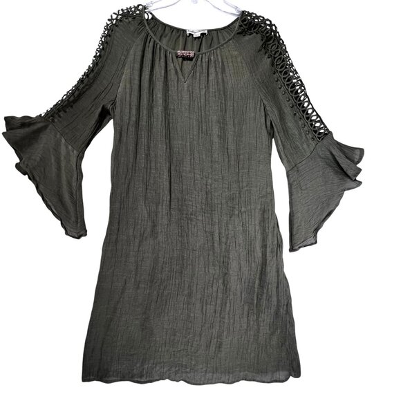 Indigo Rose Dresses & Skirts - Indigo Rose Olive Green Bell Sleeve Boho Dress Lined Cutout Crochet Sleeves